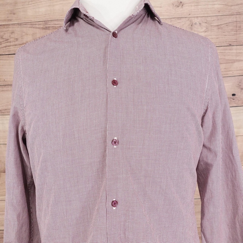 H&M Shirt Mens Medium Red White Micro Check Long Sleeve Premium Cotton Button Up